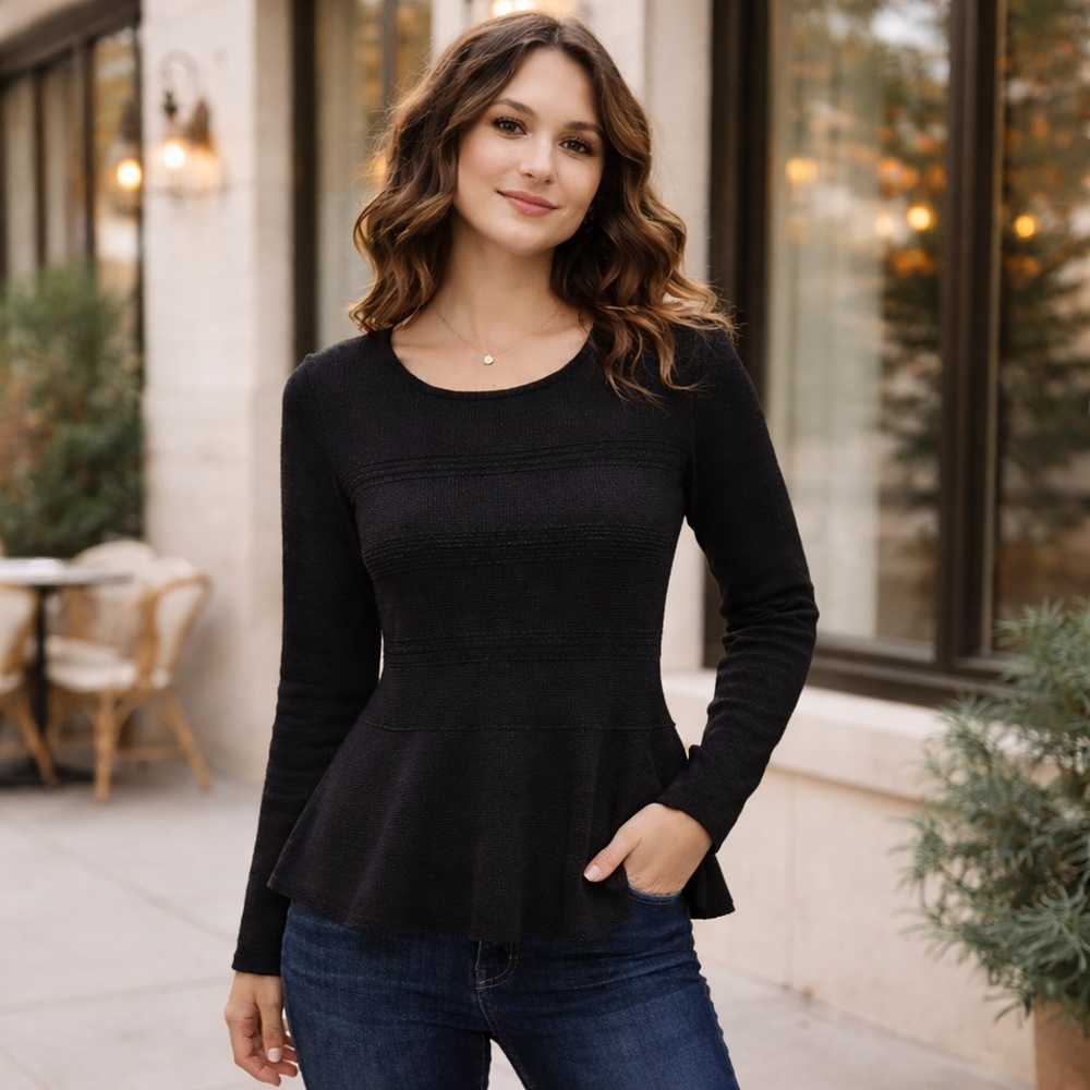 ANN‎ TAYLOR LOFT Black Wool Blend Ribbed Peplum Sweater Medium